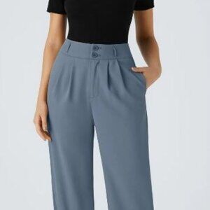 High Waisted Button Zipper Side Pocket Shirred Straight Leg Work Pants